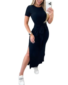 2023 Ново секси елегантна рокля, секси рокля за модерни за крайградски пътувания, однотонное мини-рокля с кръгло деколте и къс ръкав, завязывающееся на детайлите, с цепка, Ottd