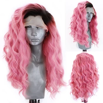 Харизма Дълги вълнообразни розова перука омбре Синтетични перука на дантели за черни жени Висока перука на съвсем малък