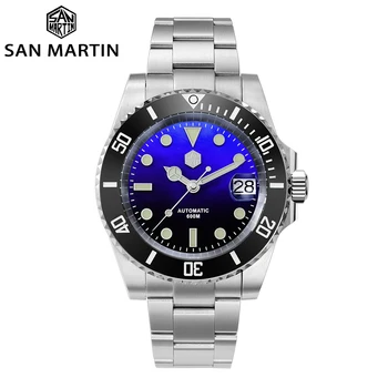 SaintMartin Design Diver Water Светия 60Bar гелиевое обзавеждане Луксозни мъжки автоматично механични часовници Blue Gem, керамични часовници с датата на Bronkel
