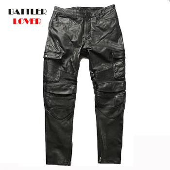 Байкерские Панталони От Естествена Телешка Кожа, За Мъже, 100% Мотоциклетни Панталони От Естествена Телешка Кожа, Мъжки Пролетно-Есенни Дънки Pantalon Cuir, Размер S-4XL