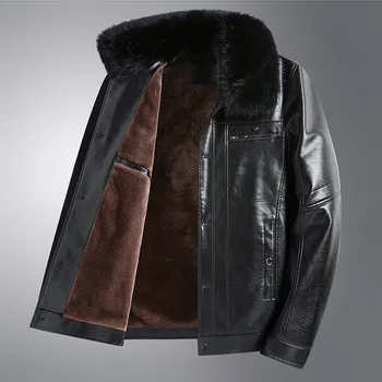 Мъжки кожени якета от кожа яка от изкуствена кожа, палта, оборудвана мотоциклет висококачествен руно
