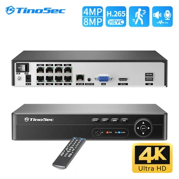 TinoSec 8CH 4K PoE NVR H. 265 8MP 5MP 4MP Мрежов Видеорекордер За Видеонаблюдение Проследяване на Лице Камера за Сигурност Записващо устройство