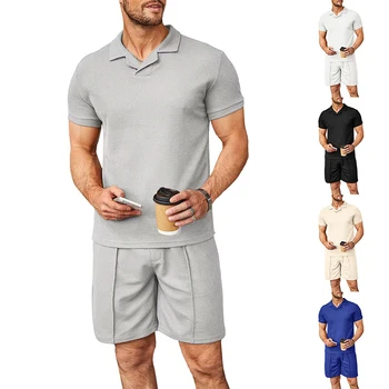 Бестселър на лятото 2023, модерна и удобна риза поло с вафли, с къси ръкави + всекидневни висококачествени спортни панталони, комплект от две части