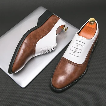 Мъжки класически обувки в стил ретро, мъжки кожени бизнес офис обувки на плоска подметка с шнур, мъжки обувки за сватбени партита, модни обувки с сращиванием 38-46