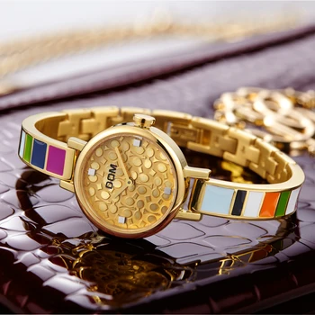Дамски часовници DOM, луксозен марка, кварцов часовник, с моден случайни златна гривна от неръждаема стомана, водоустойчив G-1019